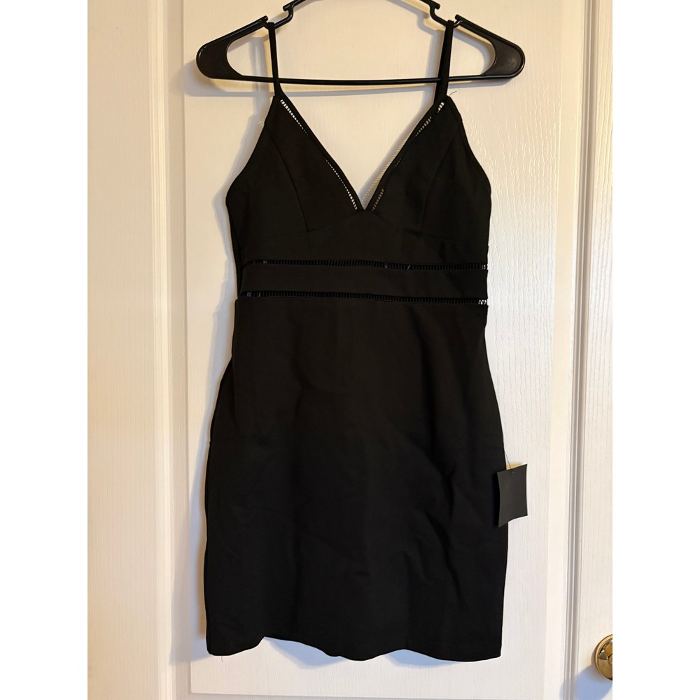 Lulus Black Bodycon Mini Dress V-Neck Ladder Trim Adjustable Straps Small NEW